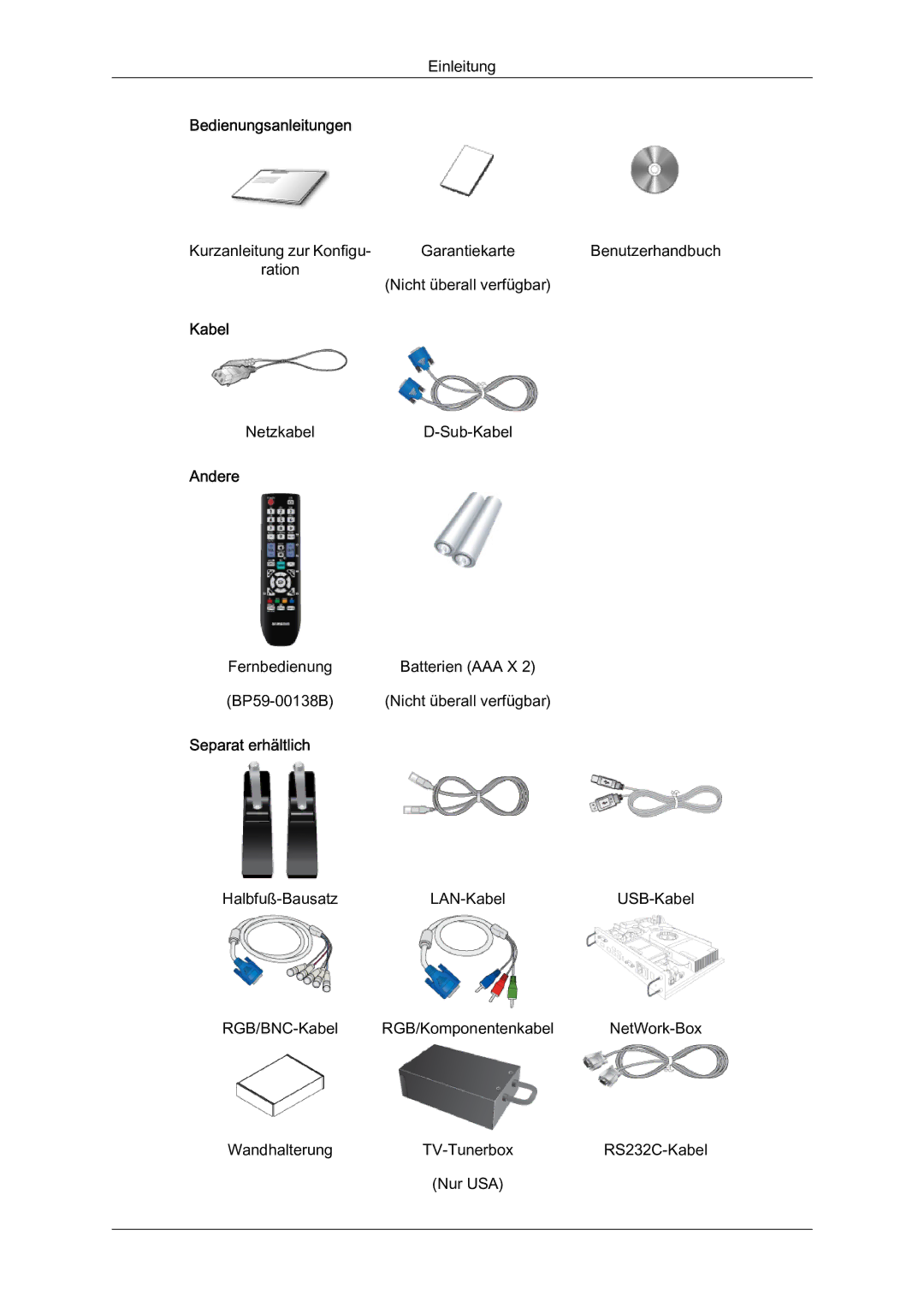 Samsung LH40HBPMBC/EN, LH46HBPMBC/EN, LH46HBPLBC/EN, LH40HBPLBC/EN Bedienungsanleitungen, Kabel, Andere, Separat erhältlich 