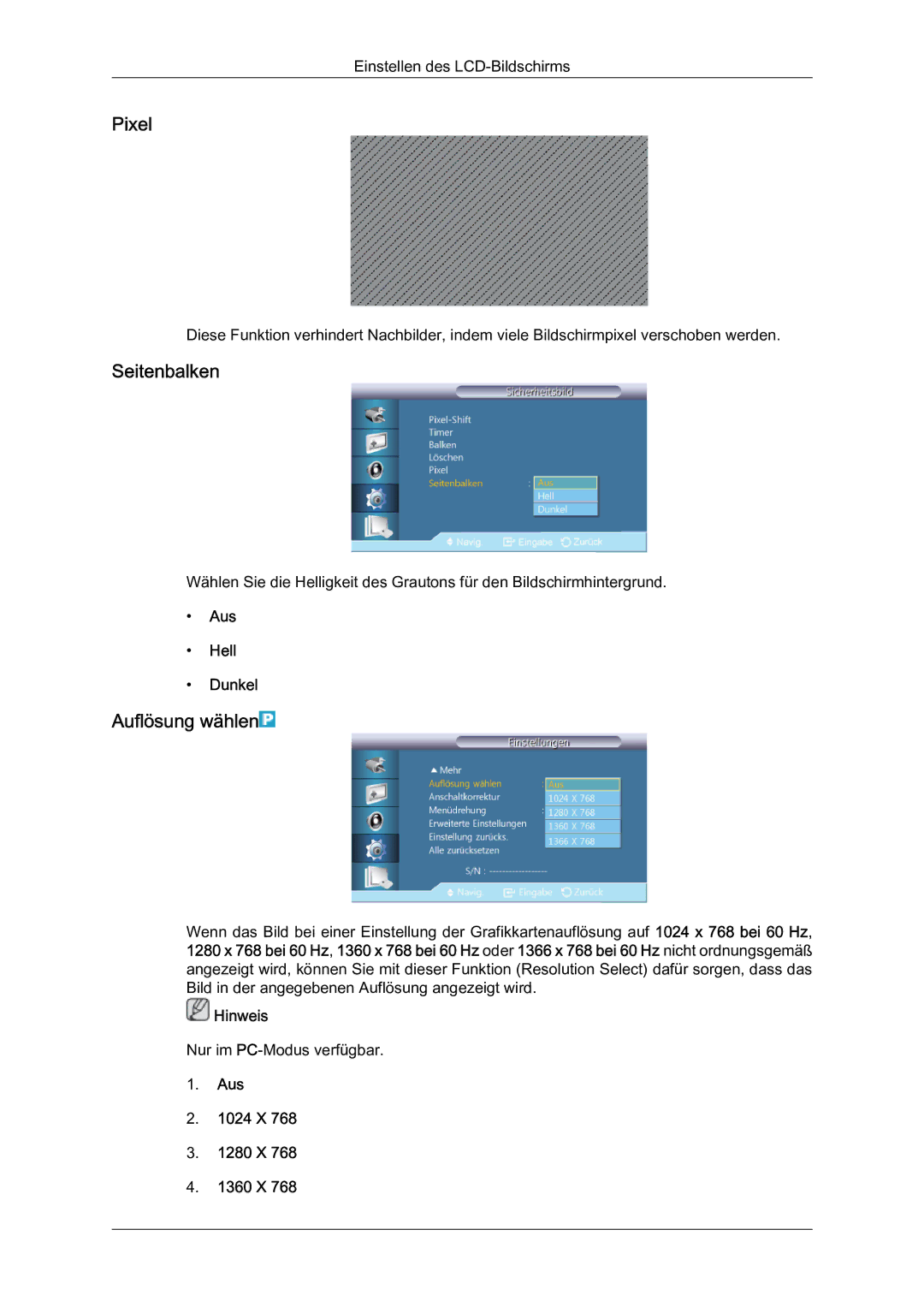 Samsung LH40HBPLBC/EN, LH40HBPMBC/EN manual Pixel, Seitenbalken, Auflösung wählen, Aus Hell Dunkel, Aus 1024 X 1280 X 1360 X 