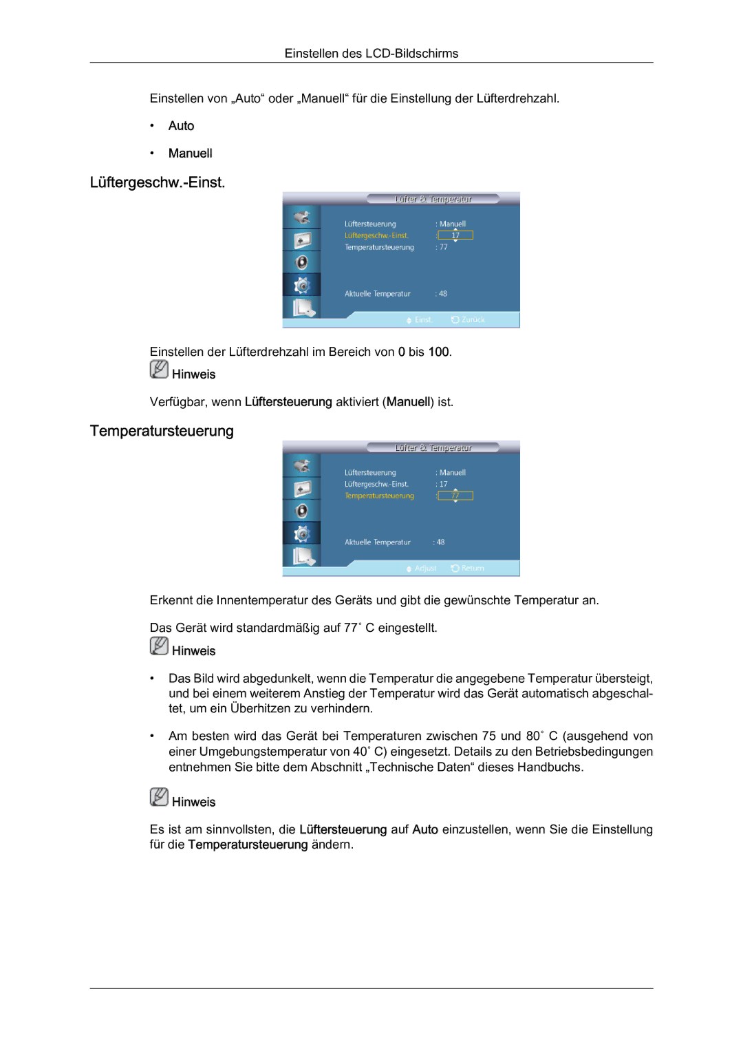 Samsung LH46HBPMBC/EN, LH40HBPMBC/EN, LH46HBPLBC/EN, LH40HBPLBC/EN Lüftergeschw.-Einst, Temperatursteuerung, Auto Manuell 