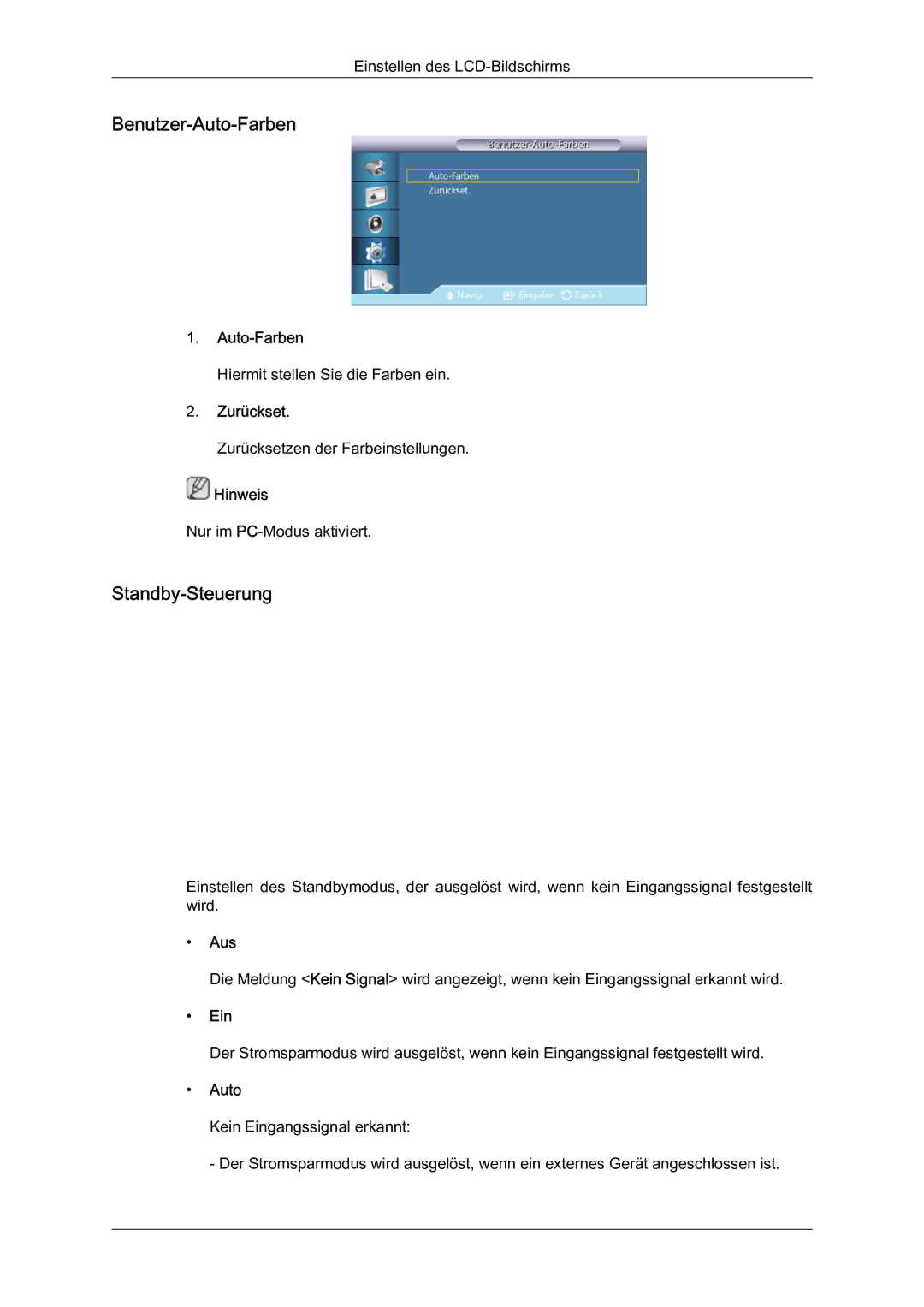 Samsung LH40HBPLBC/EN, LH40HBPMBC/EN, LH46HBPMBC/EN, LH46HBPLBC/EN manual Benutzer-Auto-Farben, Standby-Steuerung, Zurückset 