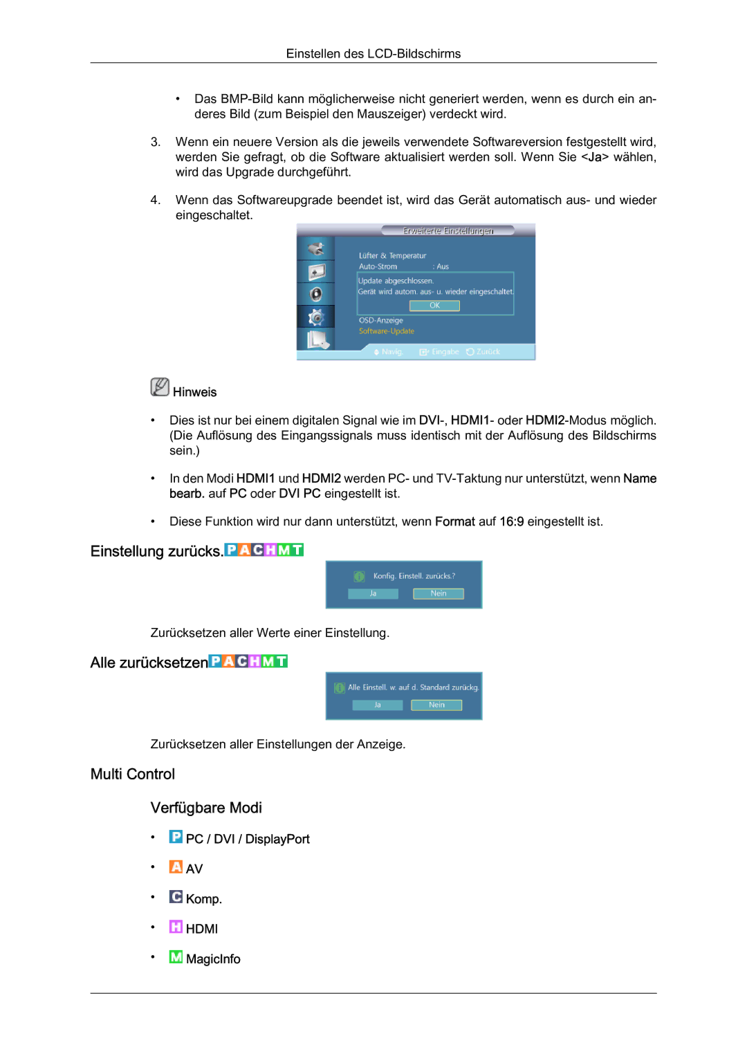 Samsung LH46HBPLBC/EN, LH40HBPMBC/EN manual Einstellung zurücks, Alle zurücksetzen, Multi Control Verfügbare Modi, MagicInfo 