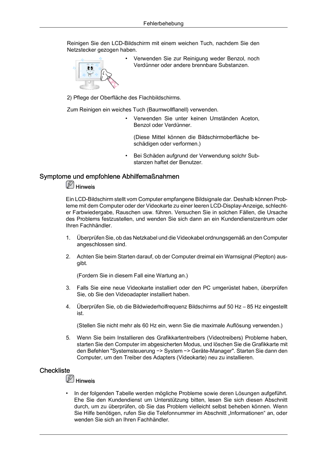 Samsung LH46HBPMBC/EN, LH40HBPMBC/EN, LH46HBPLBC/EN, LH40HBPLBC/EN manual Symptome und empfohlene Abhilfemaßnahmen, Checkliste 