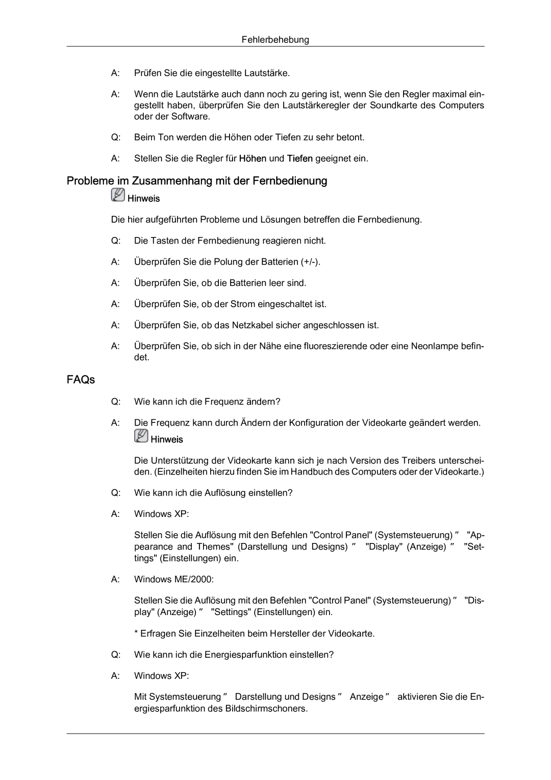 Samsung LH40HBPMBC/EN, LH46HBPMBC/EN, LH46HBPLBC/EN, LH40HBPLBC/EN manual Probleme im Zusammenhang mit der Fernbedienung, FAQs 