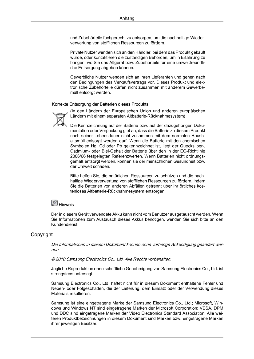 Samsung LH40HBPLBC/EN, LH40HBPMBC/EN, LH46HBPMBC/EN manual Copyright, Korrekte Entsorgung der Batterien dieses Produkts 