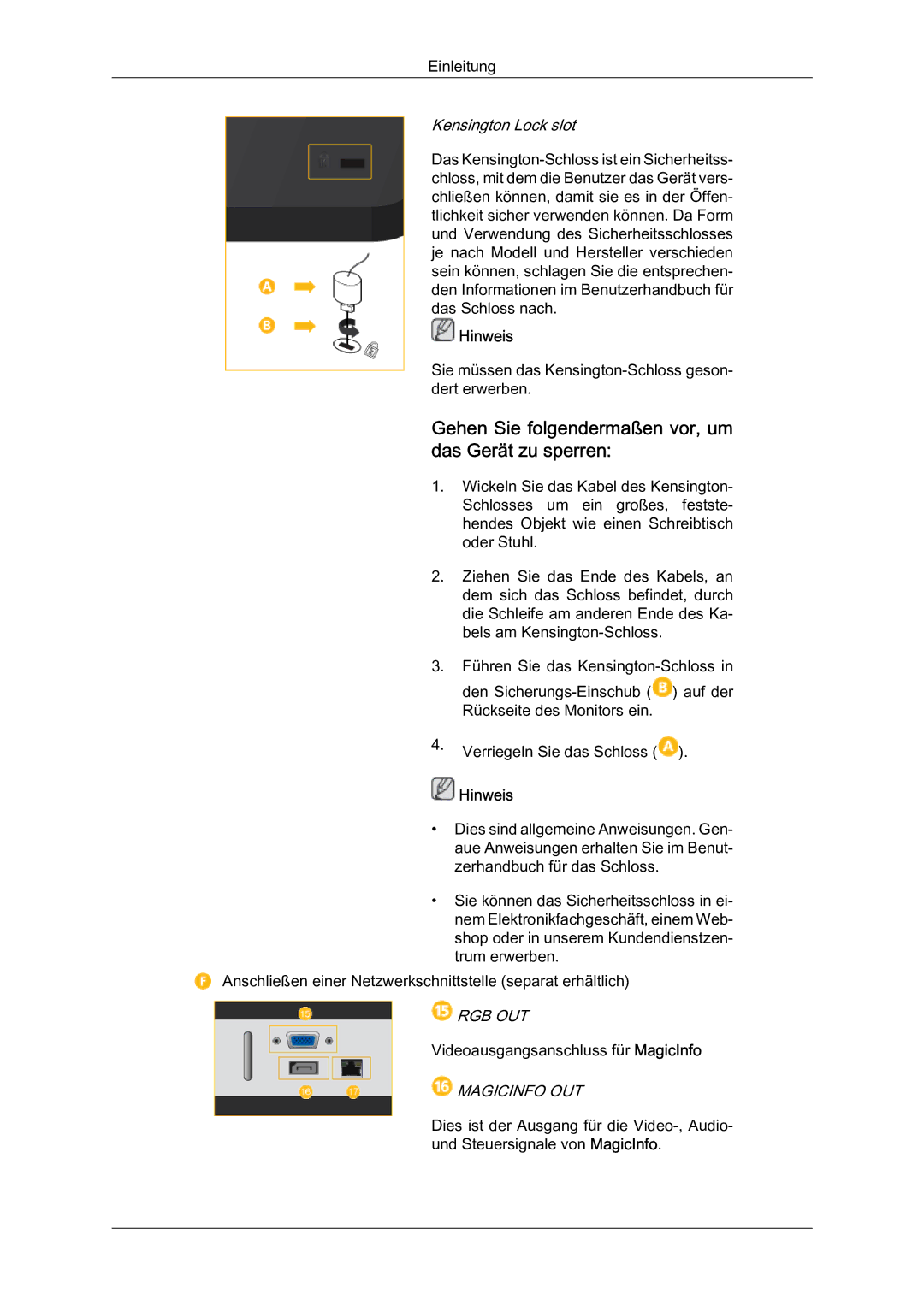 Samsung LH46HBPLBC/EN, LH40HBPMBC/EN manual Gehen Sie folgendermaßen vor, um das Gerät zu sperren, Kensington Lock slot 