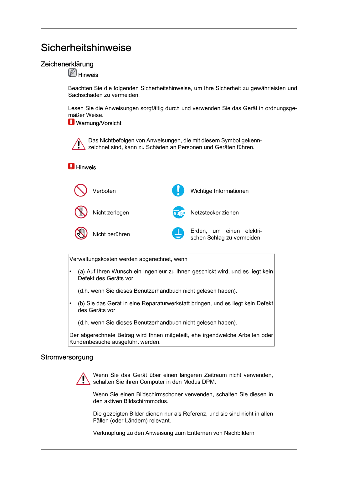 Samsung LH46HBPLBC/EN, LH40HBPMBC/EN, LH46HBPMBC/EN manual Zeichenerklärung, Stromversorgung, Hinweis, Warnung/Vorsicht 