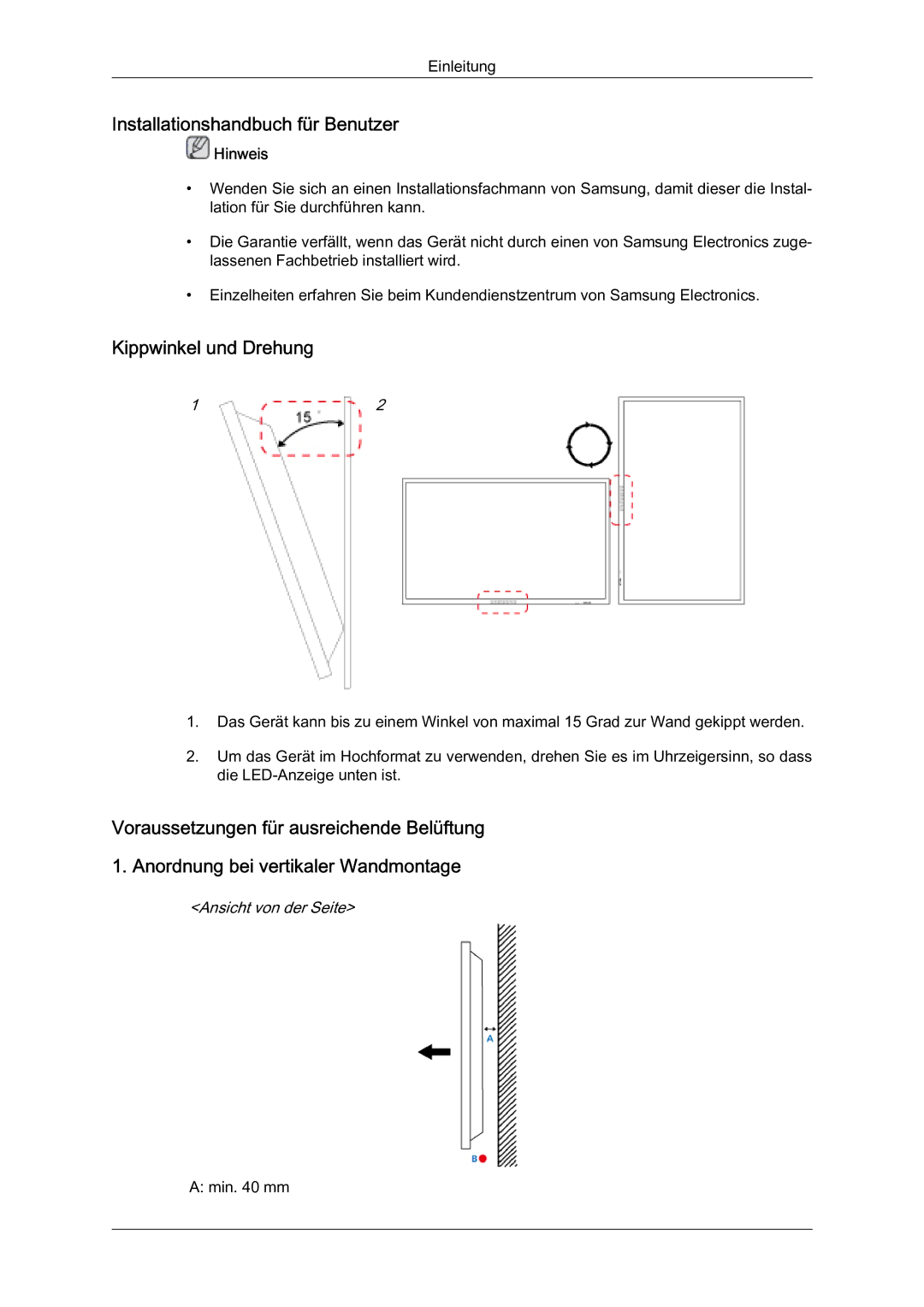 Samsung LH40HBPLBC/EN, LH40HBPMBC/EN, LH46HBPMBC/EN manual Installationshandbuch für Benutzer, Kippwinkel und Drehung 