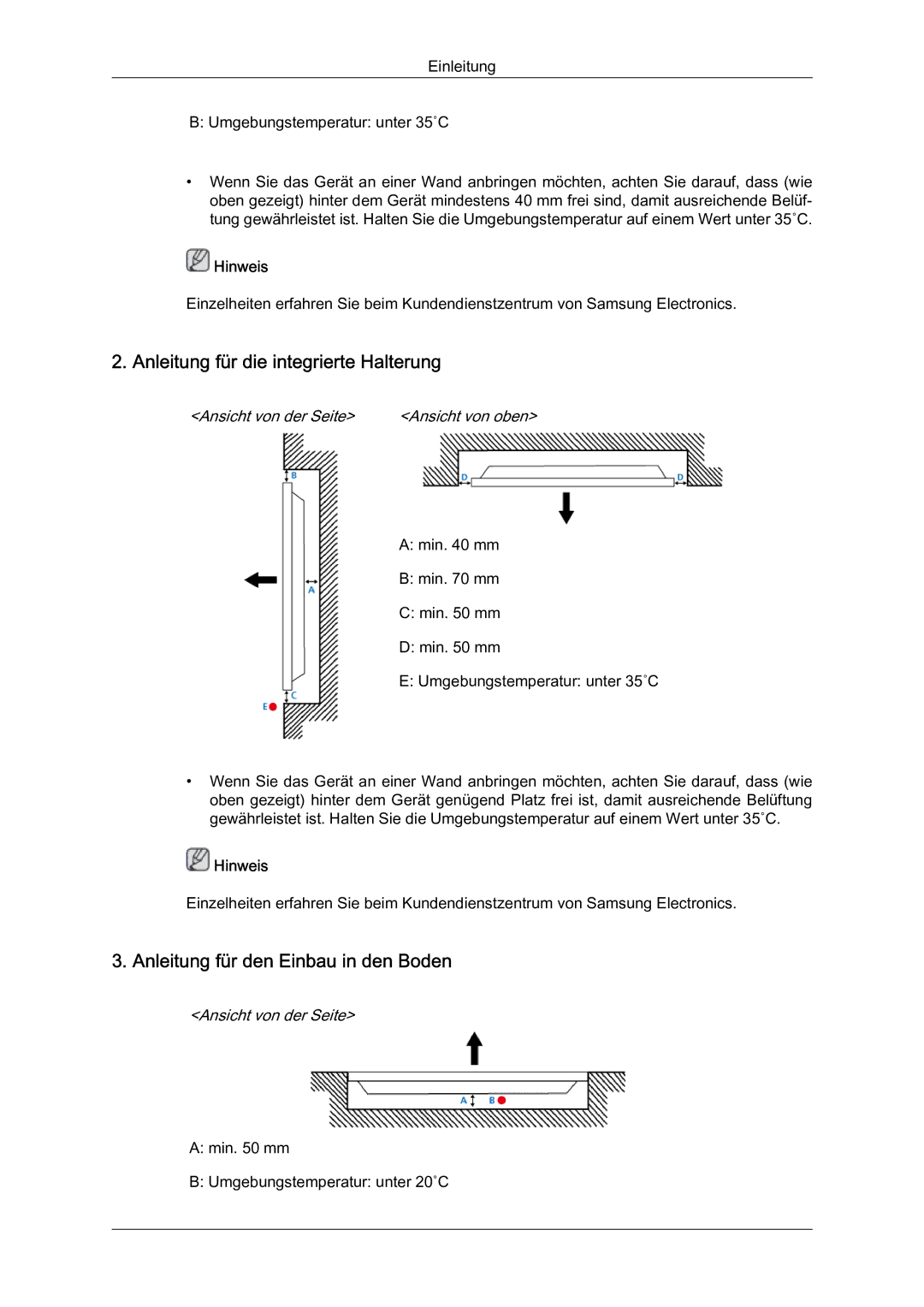 Samsung LH40HBPMBC/EN, LH46HBPMBC/EN manual Anleitung für die integrierte Halterung, Anleitung für den Einbau in den Boden 