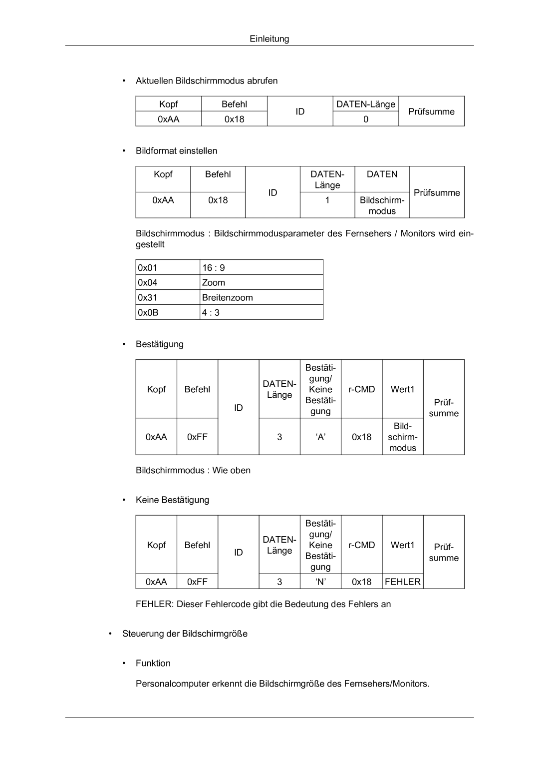 Samsung LH46HBPMBC/EN, LH40HBPMBC/EN, LH46HBPLBC/EN manual Länge Bestäti Gung/ Keine Bestäti- gung ‘N’ CMD 0x18 Wert1 