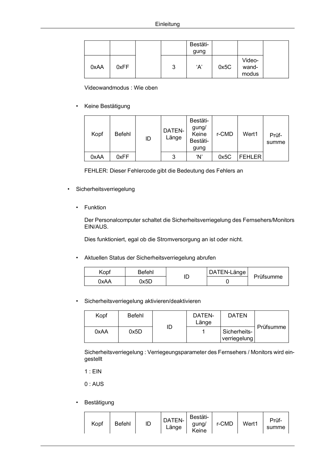 Samsung LH46HBPMBC/EN, LH40HBPMBC/EN, LH46HBPLBC/EN, LH40HBPLBC/EN manual Länge Bestäti Gung Keine ‘N’ CMD 0x5C Wert1 