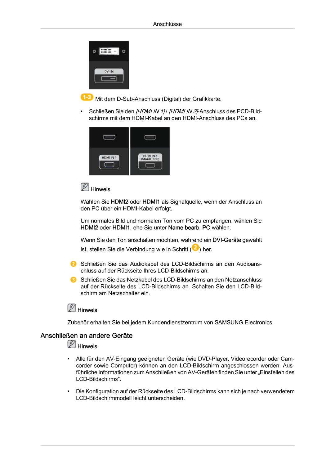 Samsung LH40HBPMBC/EN, LH46HBPMBC/EN, LH46HBPLBC/EN, LH40HBPLBC/EN manual Anschließen an andere Geräte, Hinweis 