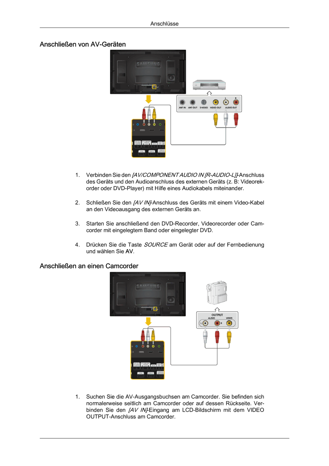 Samsung LH46HBPMBC/EN, LH40HBPMBC/EN, LH46HBPLBC/EN manual Anschließen von AV-Geräten, Anschließen an einen Camcorder 