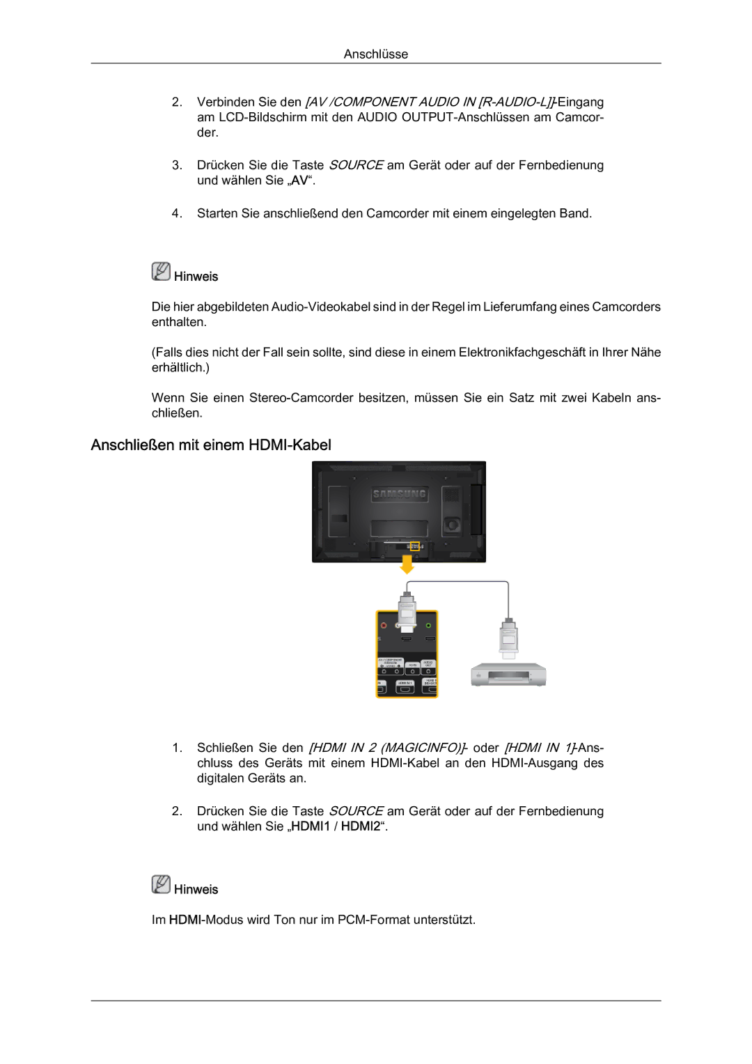 Samsung LH46HBPLBC/EN, LH40HBPMBC/EN, LH46HBPMBC/EN, LH40HBPLBC/EN manual Anschließen mit einem HDMI-Kabel 