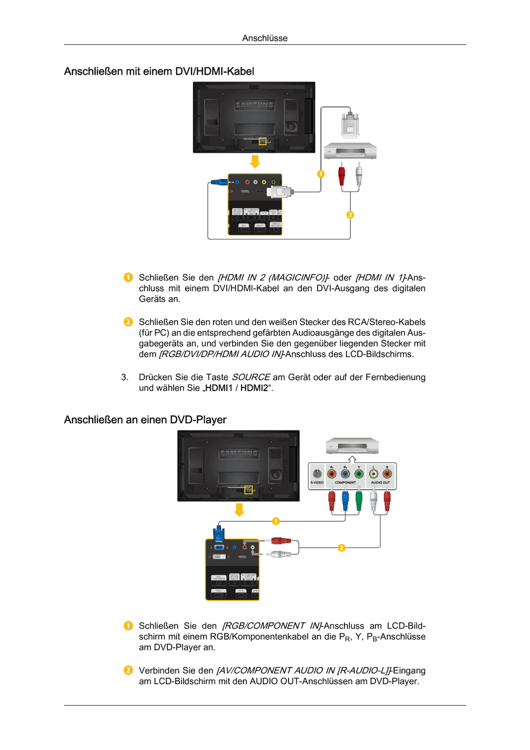 Samsung LH40HBPLBC/EN, LH40HBPMBC/EN, LH46HBPMBC/EN Anschließen mit einem DVI/HDMI-Kabel, Anschließen an einen DVD-Player 