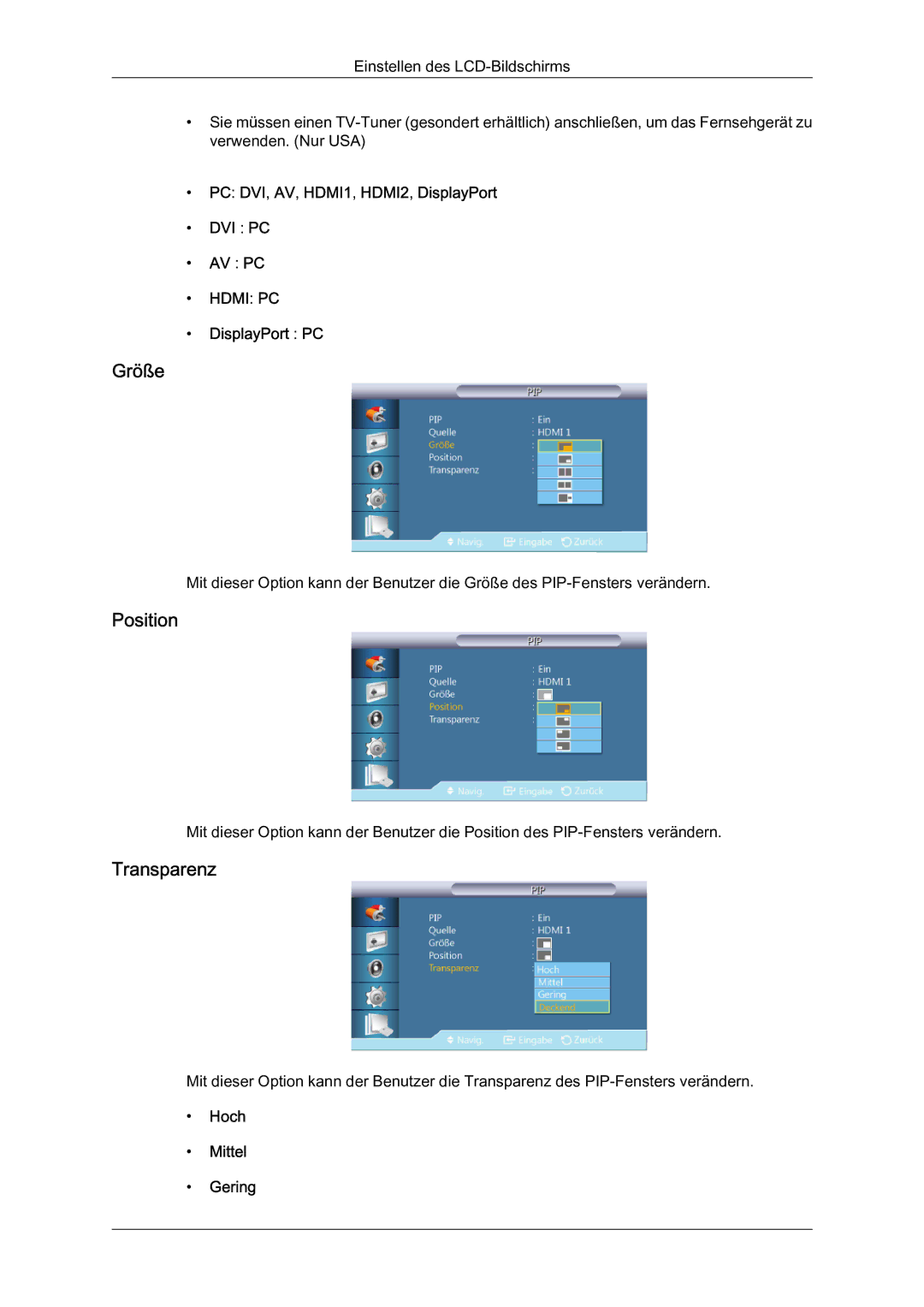 Samsung LH40HBPLBC/EN, LH40HBPMBC/EN, LH46HBPMBC/EN, LH46HBPLBC/EN manual Größe, Position, Transparenz 