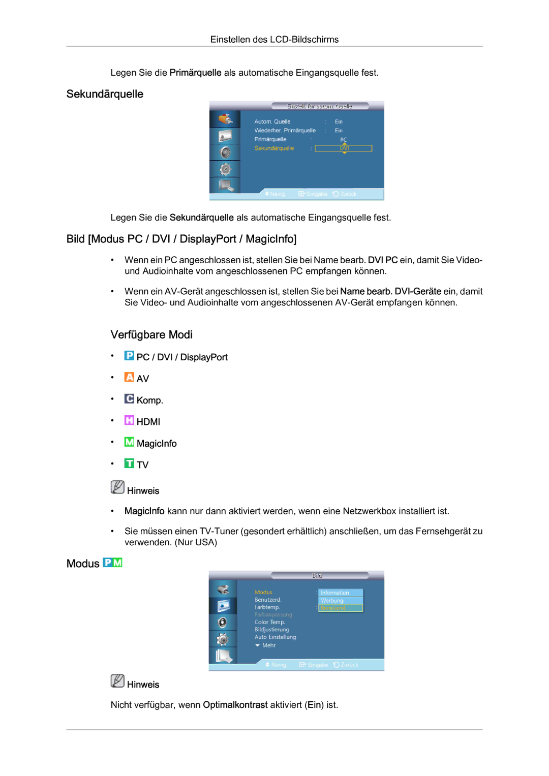 Samsung LH46HBPLBC/EN, LH40HBPMBC/EN, LH46HBPMBC/EN manual Sekundärquelle, Bild Modus PC / DVI / DisplayPort / MagicInfo 