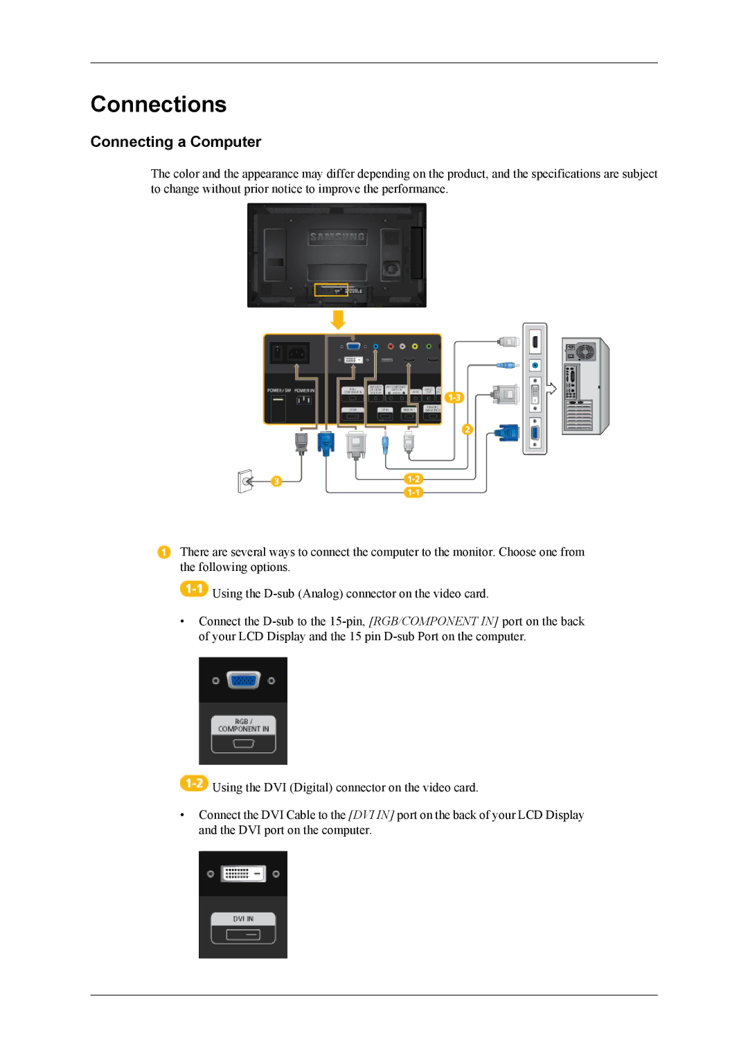 Samsung LH40HBPLBC/NG, LH40HBPMBC/EN, LH46HBPMBC/EN, LH46HBPLBC/EN, LH40MGQLBC/EN manual Connections, Connecting a Computer 