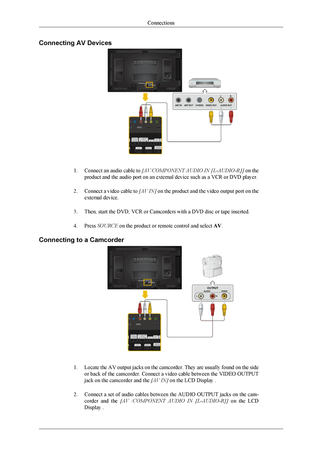 Samsung LH46HBPLBC/ZA, LH40HBPMBC/EN, LH46HBPMBC/EN, LH46HBPLBC/EN manual Connecting AV Devices, Connecting to a Camcorder 