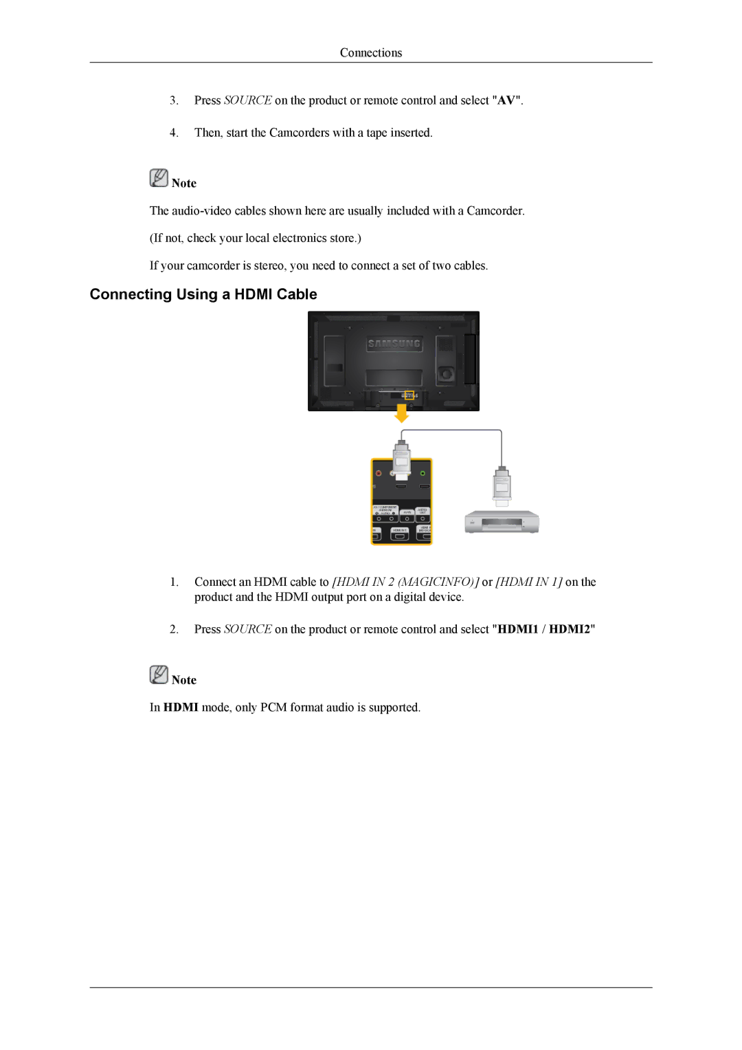 Samsung LH40HBPLGC/EN, LH40HBPMBC/EN, LH46HBPMBC/EN, LH46HBPLBC/EN, LH40MGQLBC/EN, LH40HBPLBC/EN Connecting Using a Hdmi Cable 