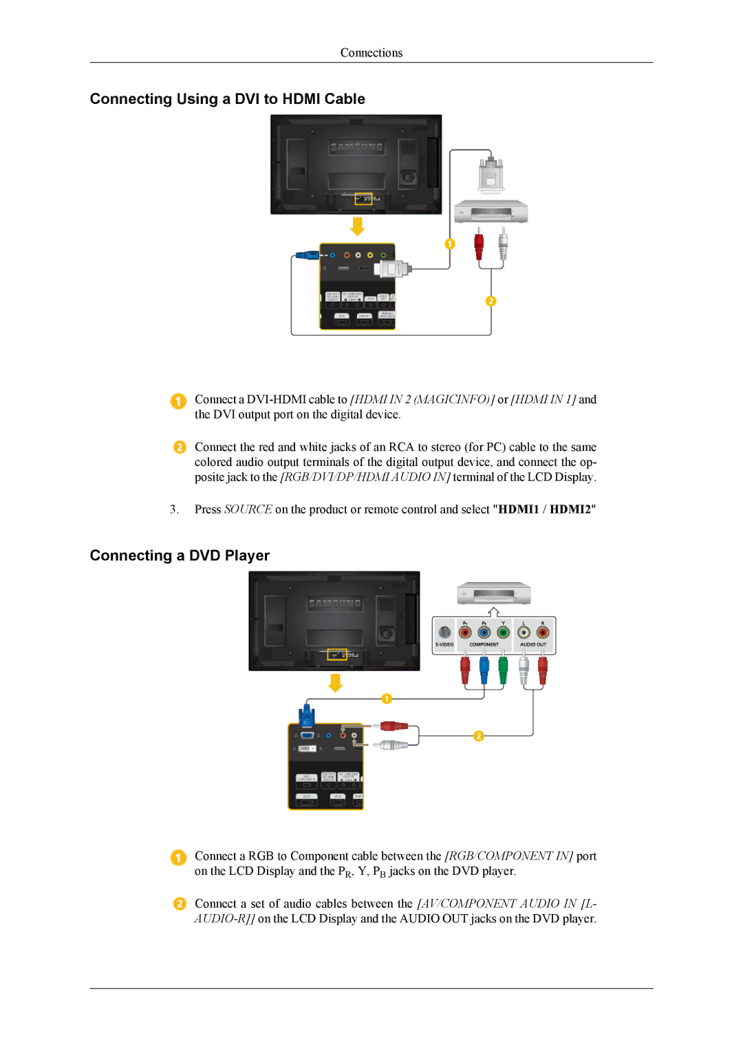 Samsung LH40HBPMBC/EN, LH46HBPMBC/EN, LH46HBPLBC/EN manual Connecting Using a DVI to Hdmi Cable, Connecting a DVD Player 