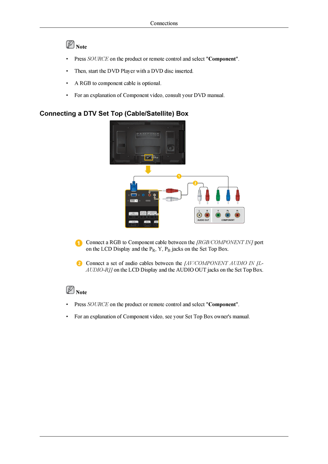 Samsung LH46HBPMBC/EN, LH40HBPMBC/EN, LH46HBPLBC/EN, LH40MGQLBC/EN manual Connecting a DTV Set Top Cable/Satellite Box 