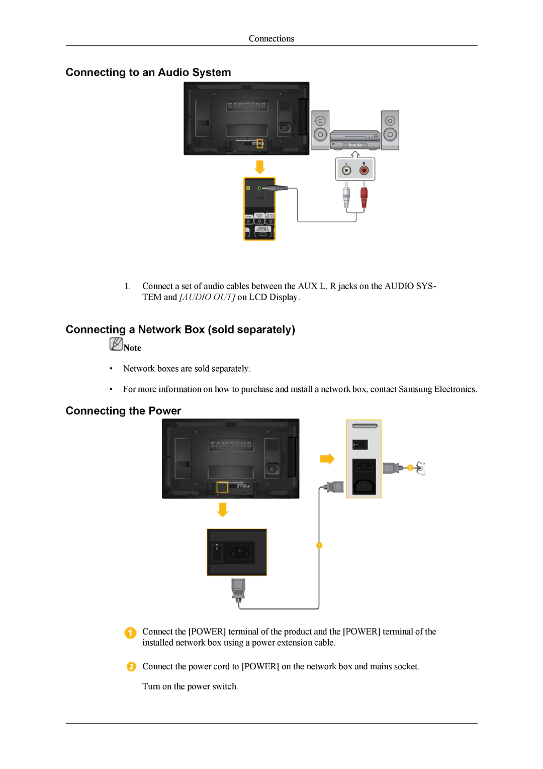 Samsung LH46HBPLBC/EN manual Connecting to an Audio System, Connecting a Network Box sold separately, Connecting the Power 