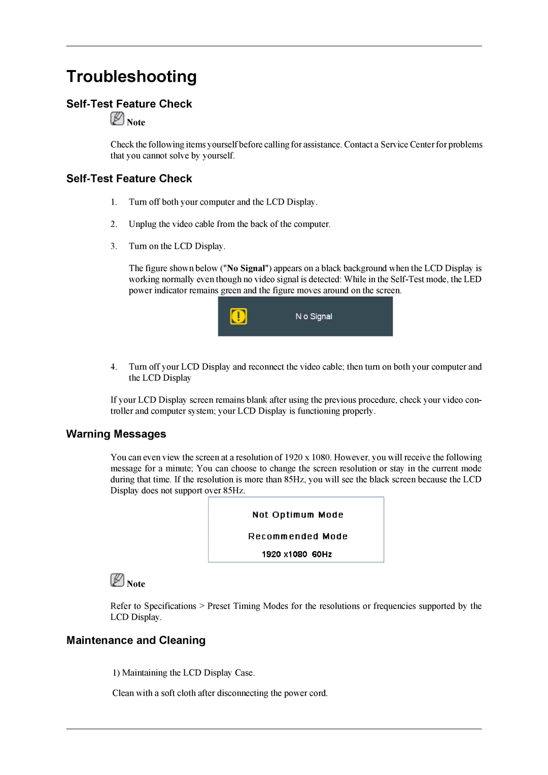 Samsung LH40MGQPBC/EN, LH40HBPMBC/EN, LH46HBPMBC/EN, LH46HBPLBC/EN manual Self-Test Feature Check, Maintenance and Cleaning 