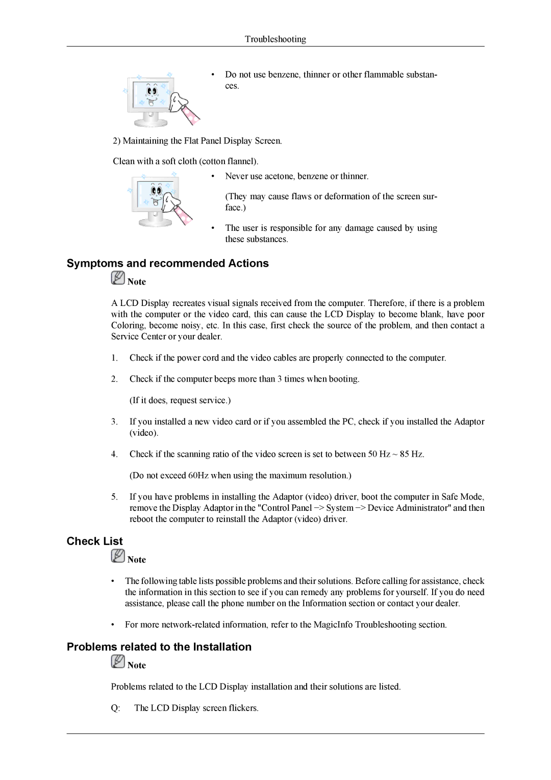 Samsung LH40HBPLBC/XJ, LH40HBPMBC/EN Symptoms and recommended Actions, Check List, Problems related to the Installation 