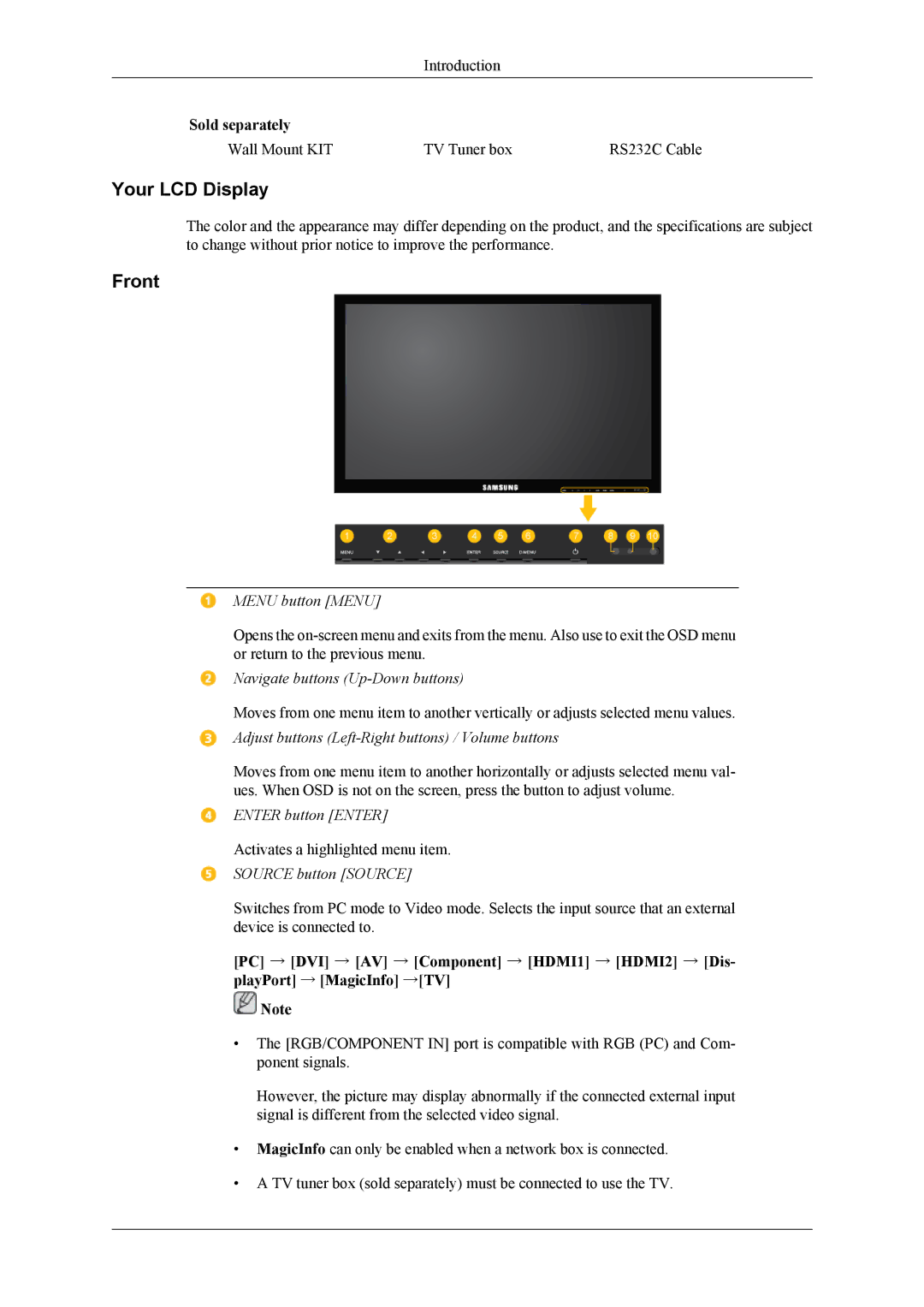 Samsung LH40HBPLBC/EN, LH40HBPMBC/EN, LH46HBPMBC/EN, LH46HBPLBC/EN, LH40MGQLBC/EN, LH40MGQPBC/EN manual Your LCD Display, Front 