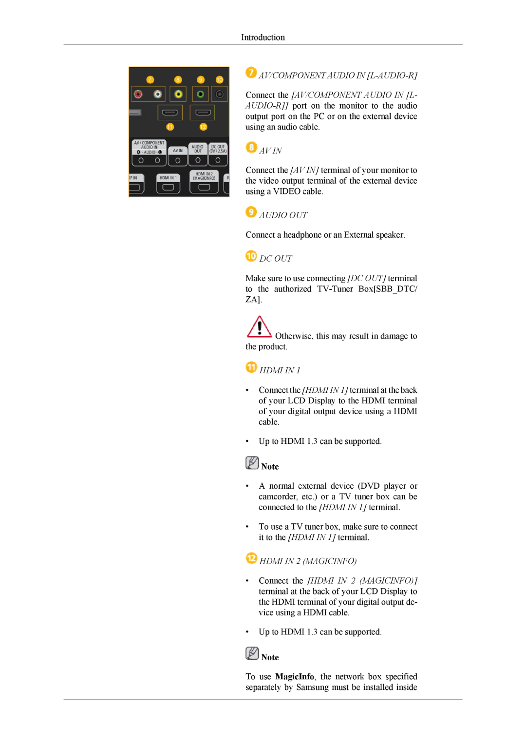 Samsung LH46HBPLBC/XJ, LH40HBPMBC/EN manual AV/COMPONENT Audio in L-AUDIO-R, Audio OUT, Dc Out, Hdmi in 2 Magicinfo 