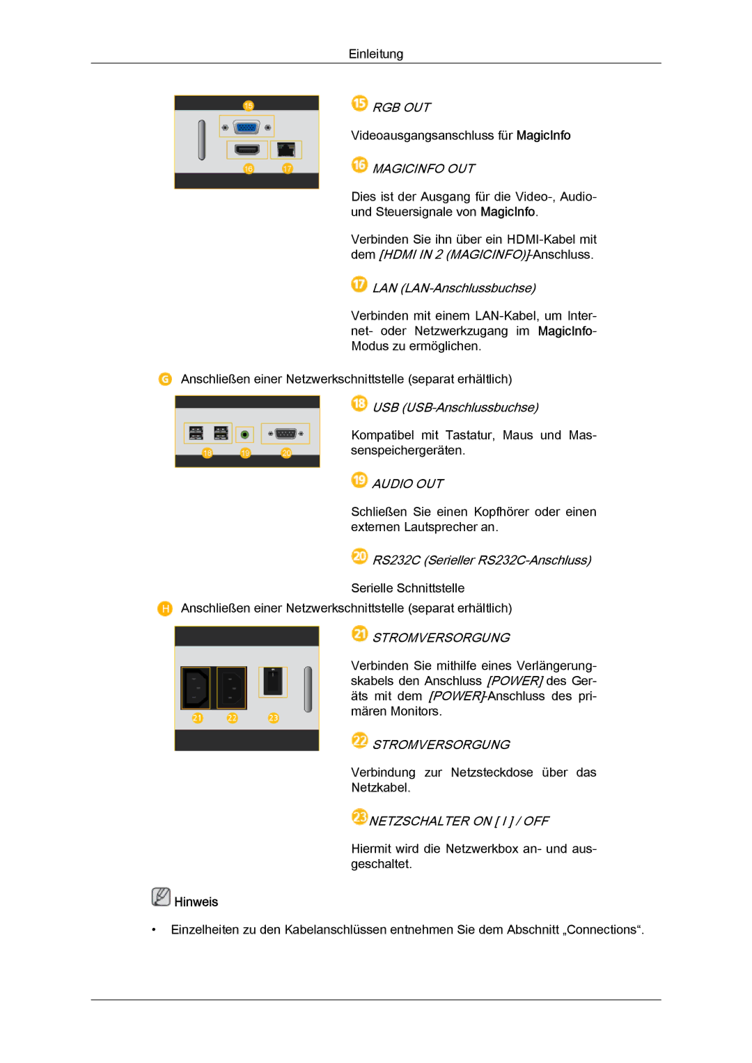 Samsung LH40HBPMBC/EN, LH46HBPMBC/EN, LH46HBPLBC/EN manual Rgb Out, Magicinfo OUT, Stromversorgung, Netzschalter on I / OFF 