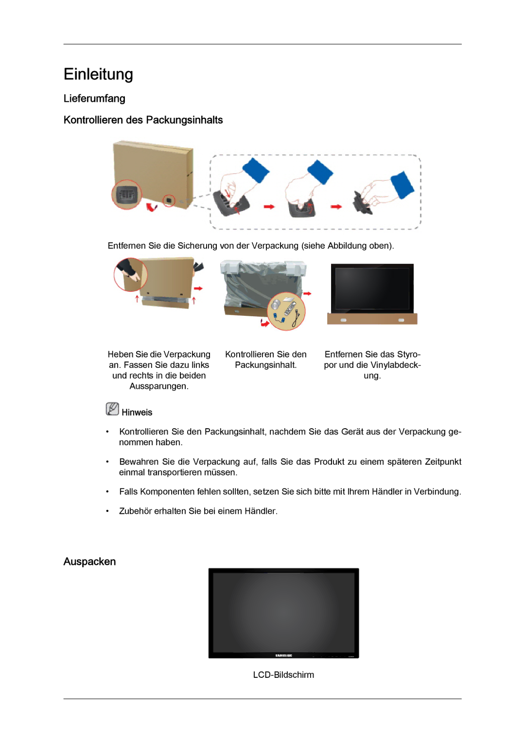 Samsung LH46HBPLBC/EN, LH40HBPMBC/EN, LH46HBPMBC/EN manual Lieferumfang Kontrollieren des Packungsinhalts, Auspacken, Hinweis 