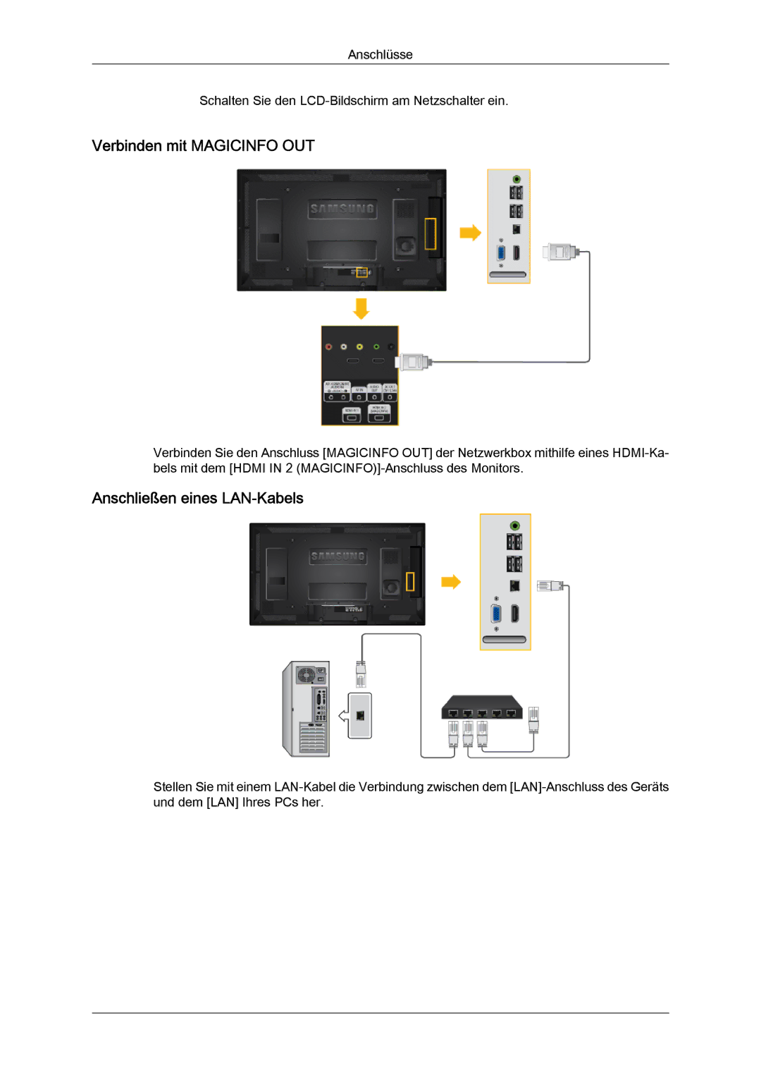 Samsung LH46HBPLBC/EN, LH40HBPMBC/EN, LH46HBPMBC/EN, LH40MGQLBC/EN Verbinden mit Magicinfo OUT, Anschließen eines LAN-Kabels 