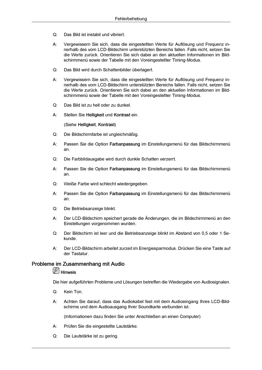 Samsung LH46HBPLBC/EN, LH40HBPMBC/EN, LH46HBPMBC/EN manual Probleme im Zusammenhang mit Audio, Siehe Helligkeit, Kontrast 