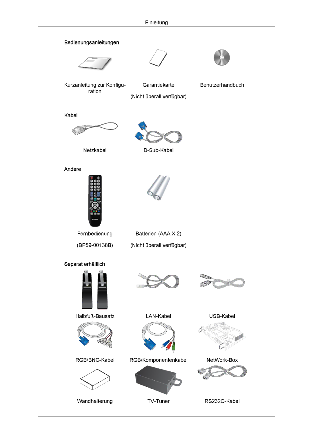 Samsung LH40MGQLBC/EN, LH40HBPMBC/EN, LH46HBPMBC/EN, LH46HBPLBC/EN Bedienungsanleitungen, Kabel, Andere, Separat erhältlich 