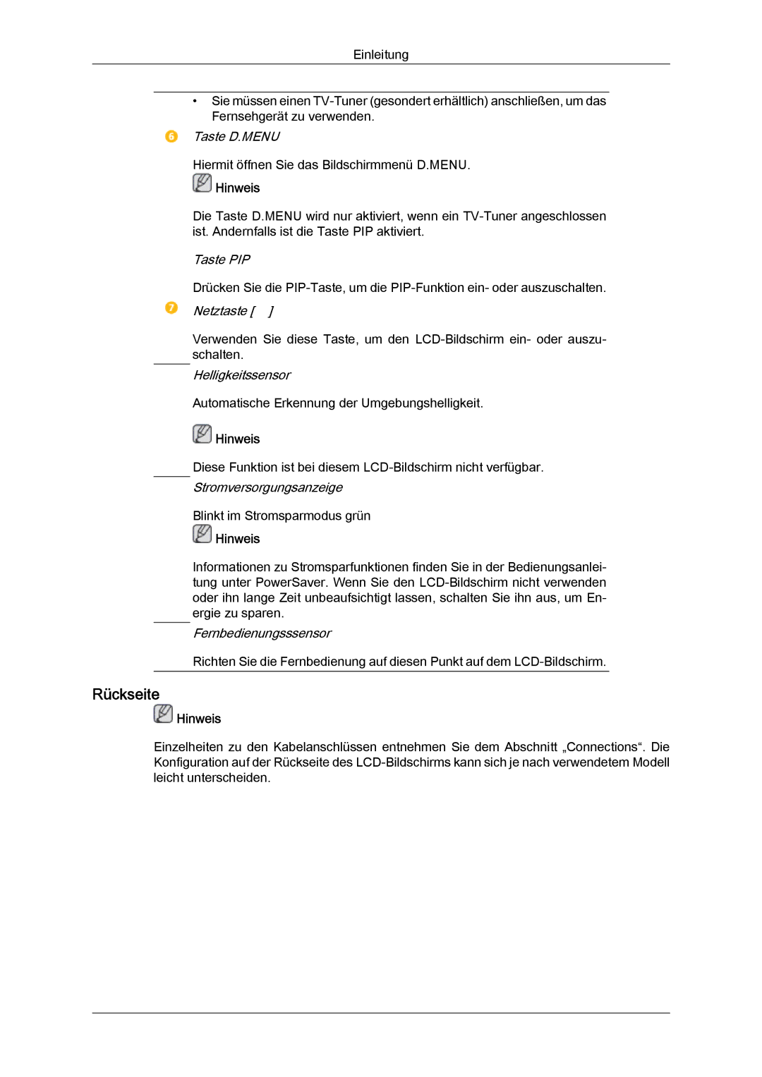 Samsung LH40HBPMBC/EN, LH46HBPMBC/EN, LH46HBPLBC/EN, LH40MGQLBC/EN, LH40HBPLBC/EN manual Rückseite 