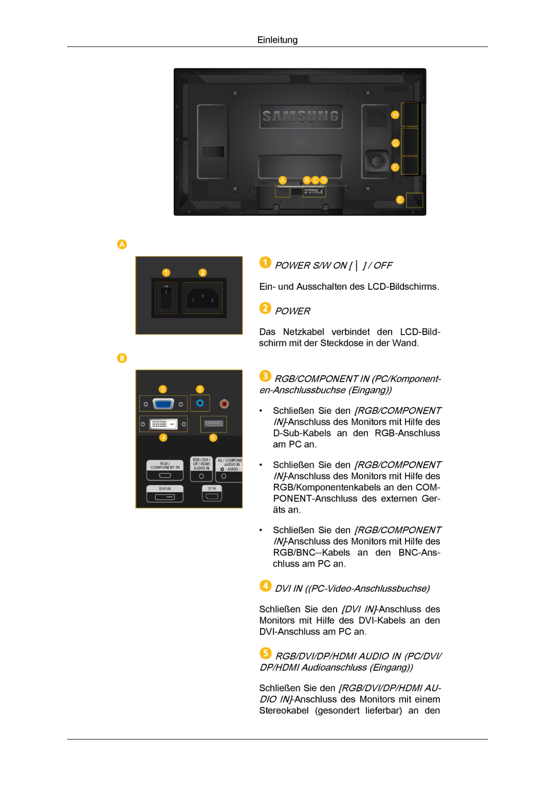 Samsung LH46HBPMBC/EN, LH40HBPMBC/EN manual Power S/W on / OFF, RGB/COMPONENT in PC/Komponent- en-Anschlussbuchse Eingang 