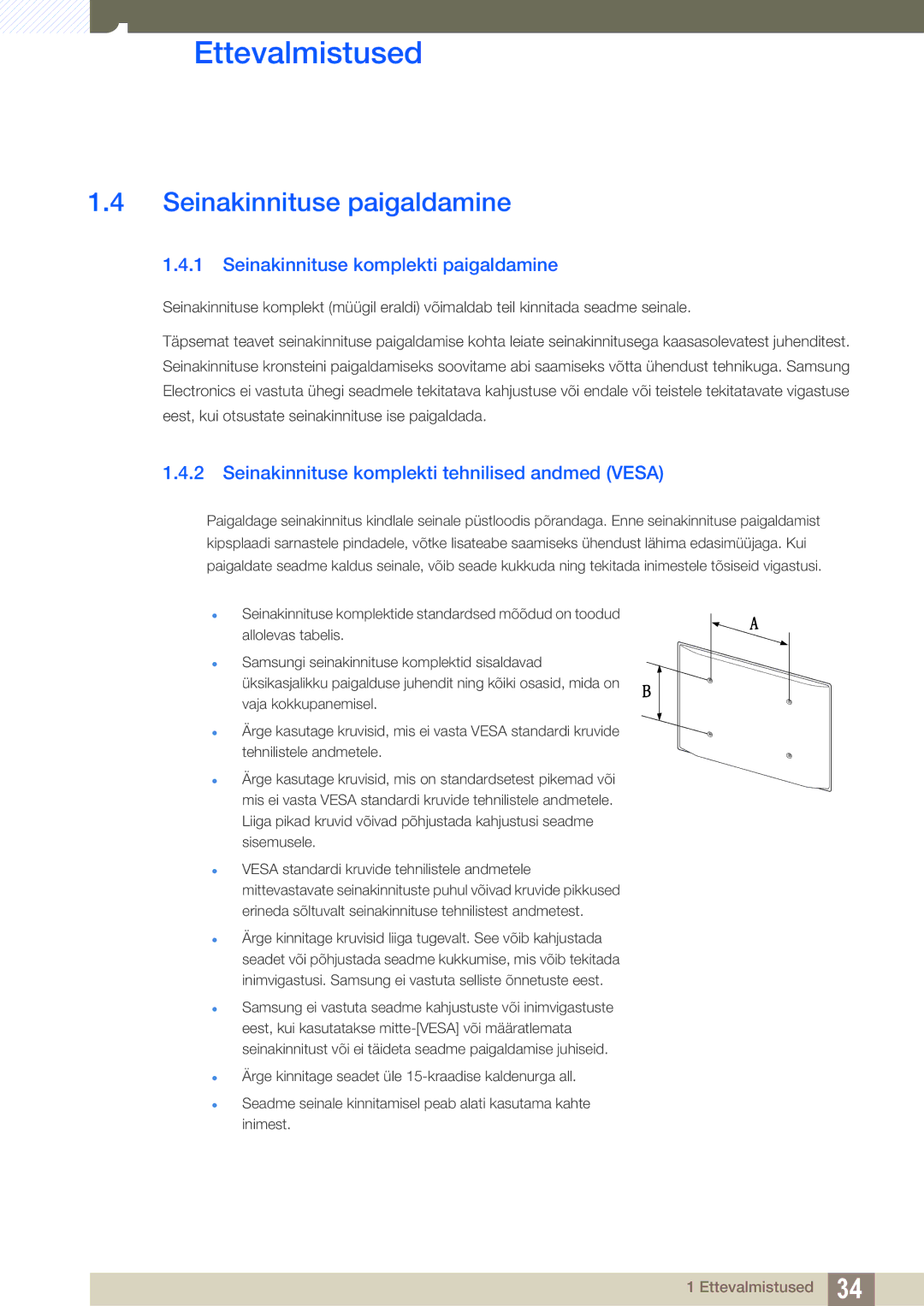 Samsung LH40HDBPLGD/EN manual Seinakinnituse paigaldamine, Seinakinnituse komplekti paigaldamine 