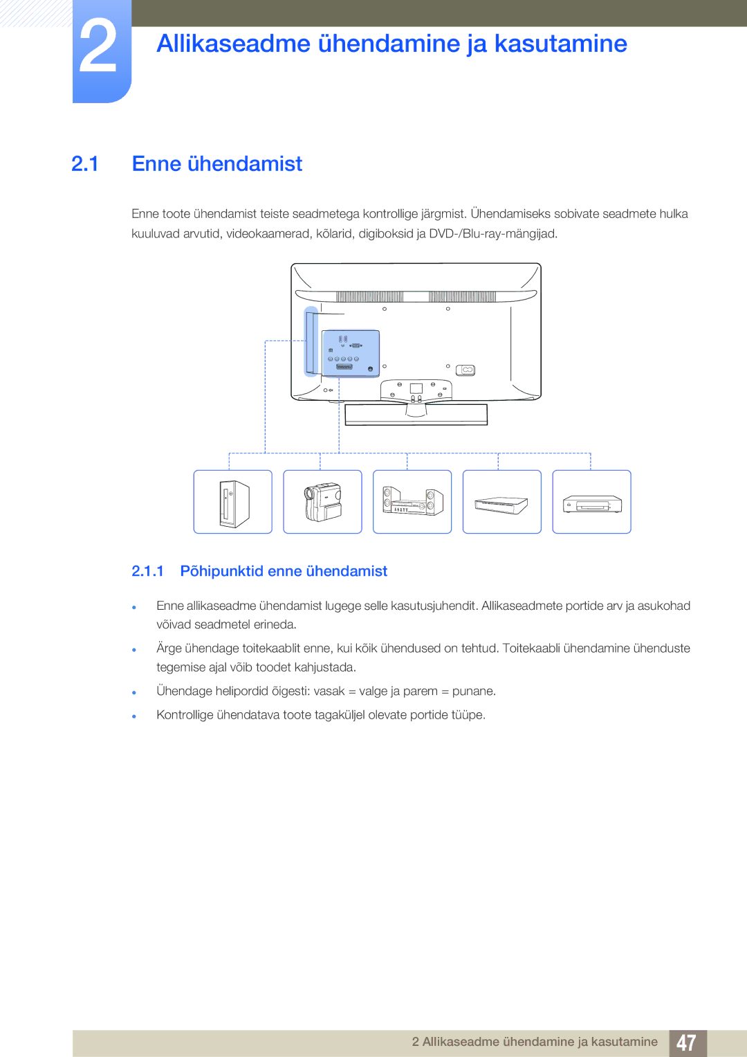 Samsung LH40HDBPLGD/EN manual Allikaseadme ühendamine ja kasutamine, Enne ühendamist, 1 Põhipunktid enne ühendamist 