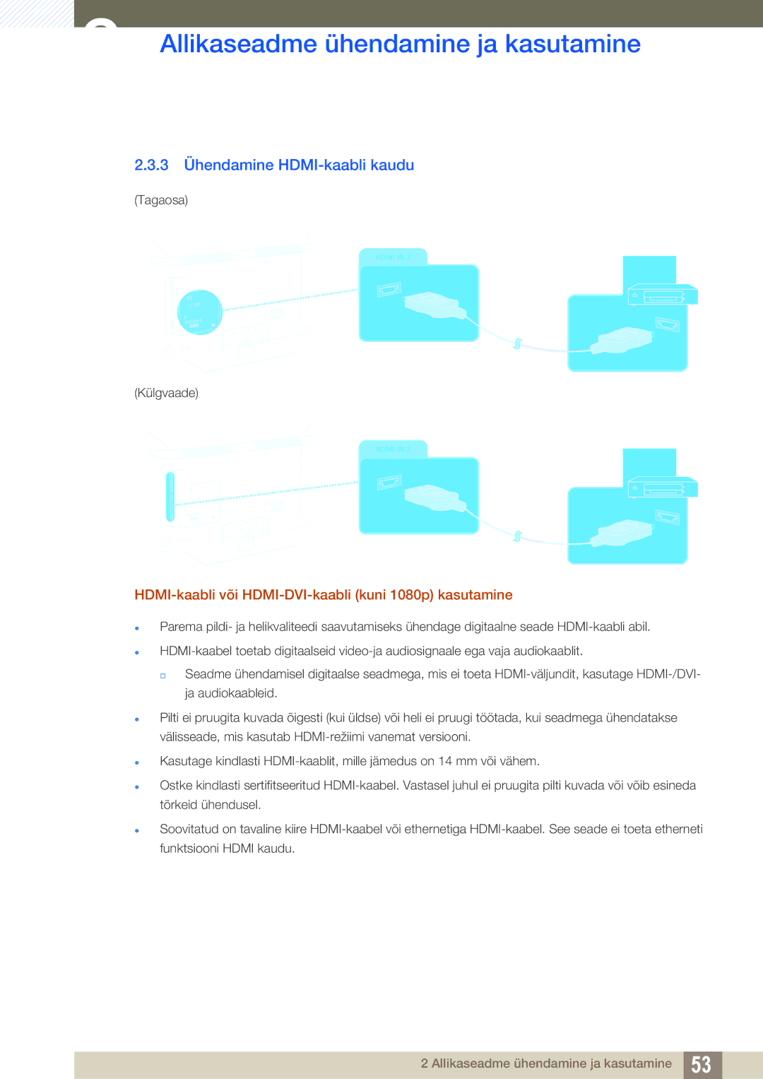 Samsung LH40HDBPLGD/EN manual 3 Ühendamine HDMI-kaabli kaudu, HDMI-kaabli või HDMI-DVI-kaabli kuni 1080p kasutamine 