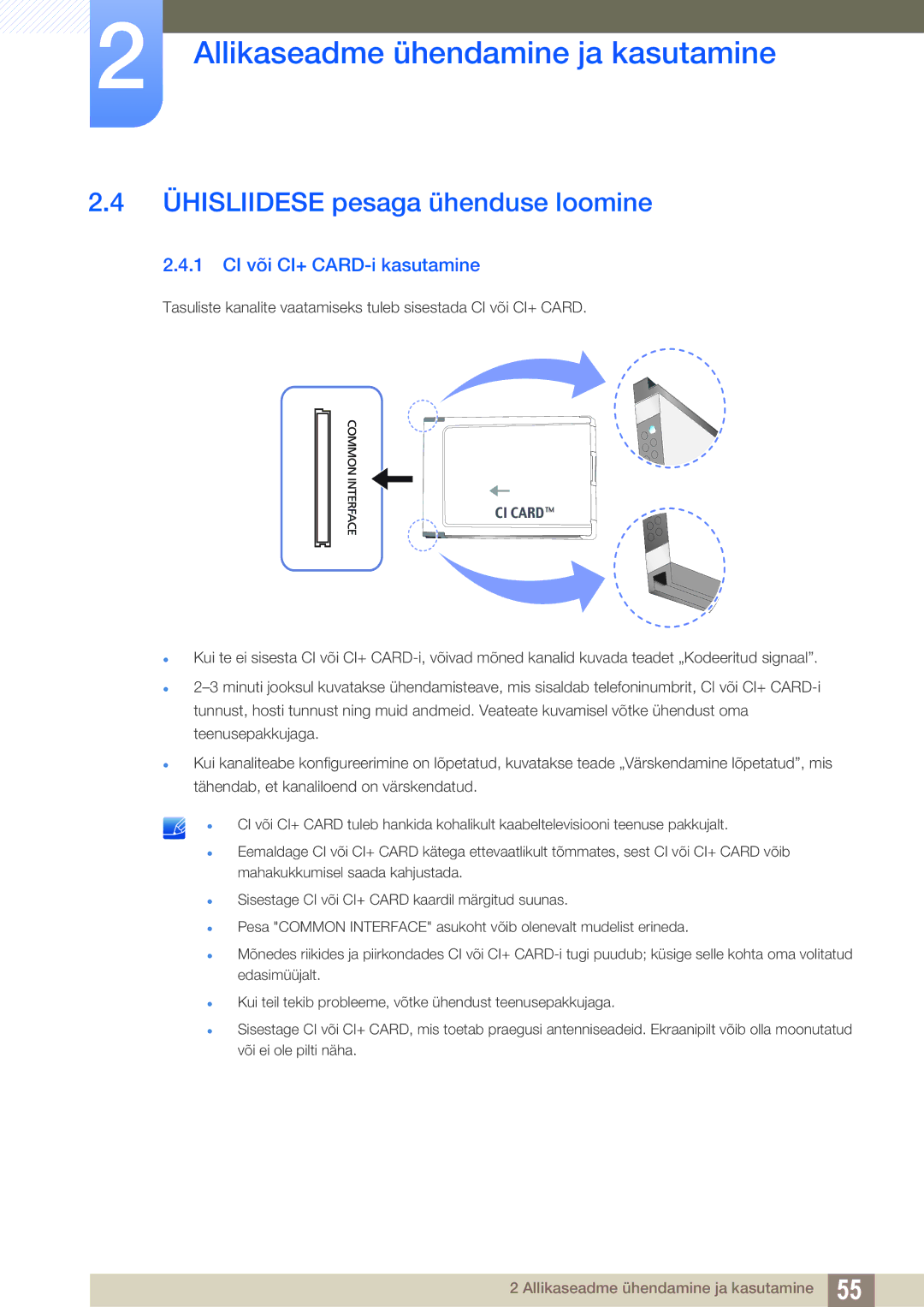 Samsung LH40HDBPLGD/EN manual Ühisliidese pesaga ühenduse loomine, CI või CI+ CARD-i kasutamine 