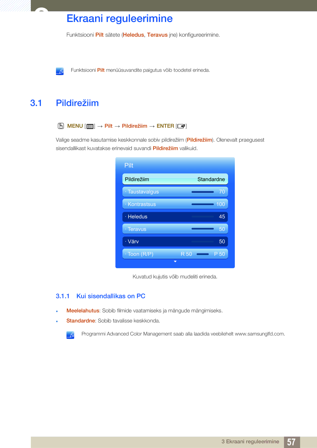 Samsung LH40HDBPLGD/EN manual Ekraani reguleerimine, Kui sisendallikas on PC, Menu m Pilt Pildirežiim Enter 