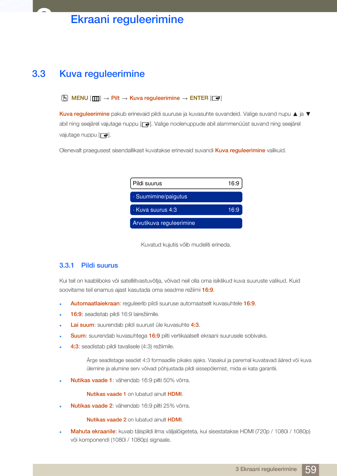 Samsung LH40HDBPLGD/EN manual Kuva reguleerimine, Pildi suurus 