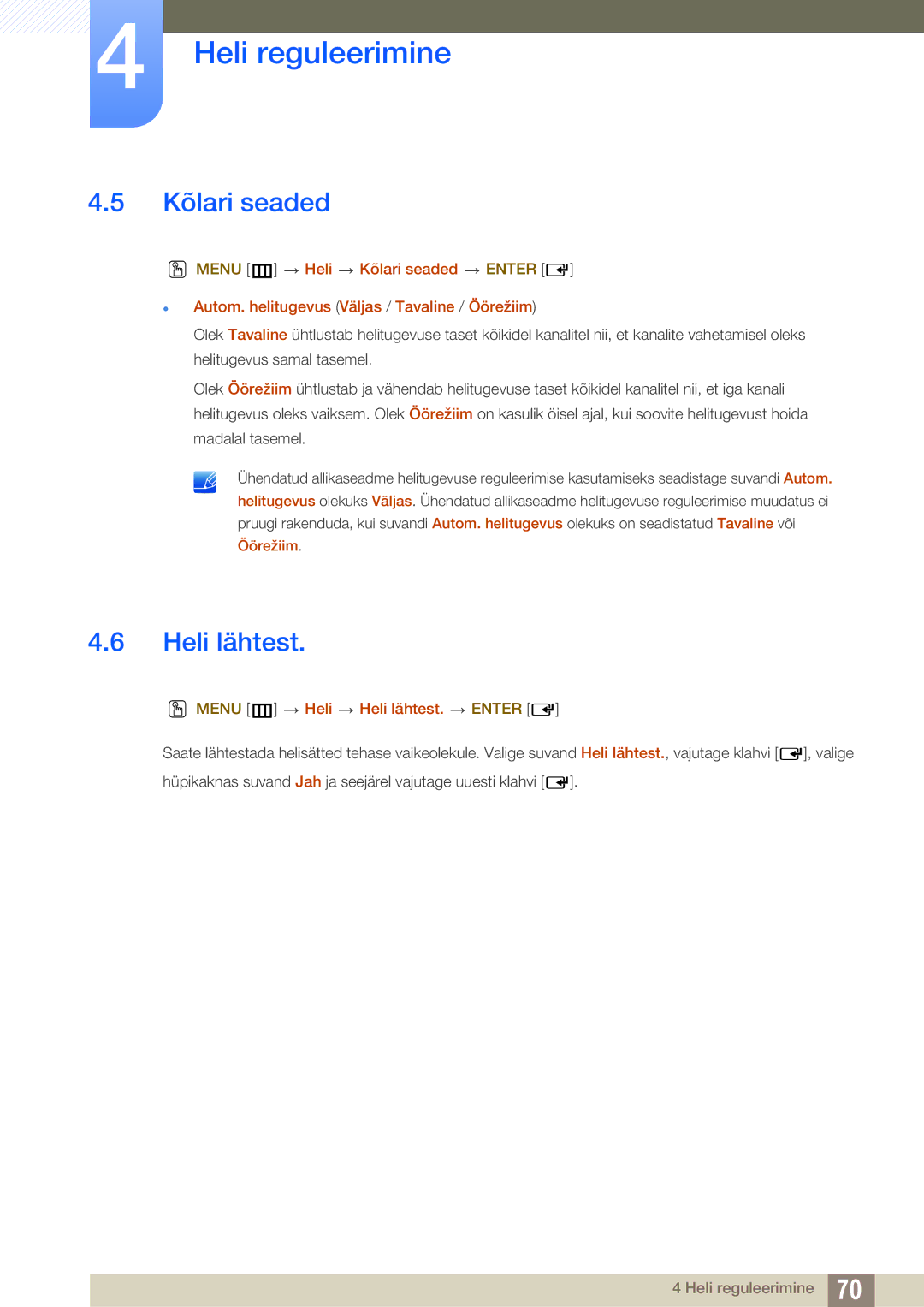Samsung LH40HDBPLGD/EN manual Kõlari seaded, Menu m Heli Heli lähtest. Enter 