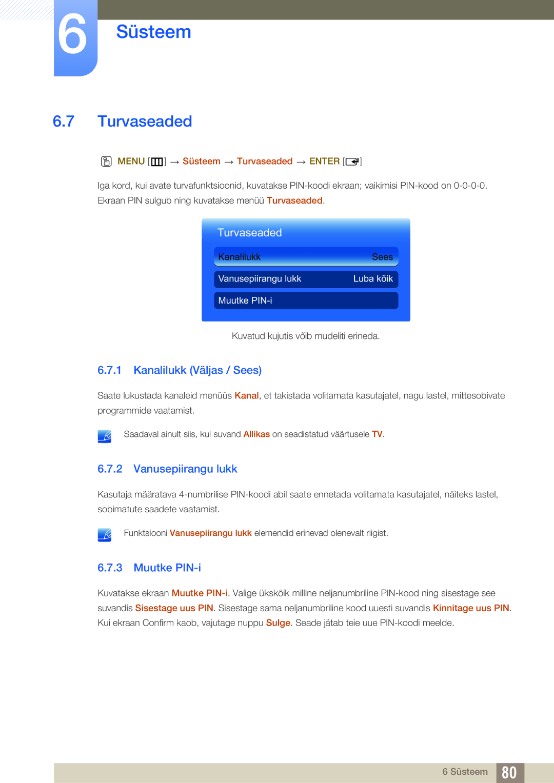 Samsung LH40HDBPLGD/EN manual Turvaseaded, Kanalilukk Väljas / Sees, Vanusepiirangu lukk, Muutke PIN-i 