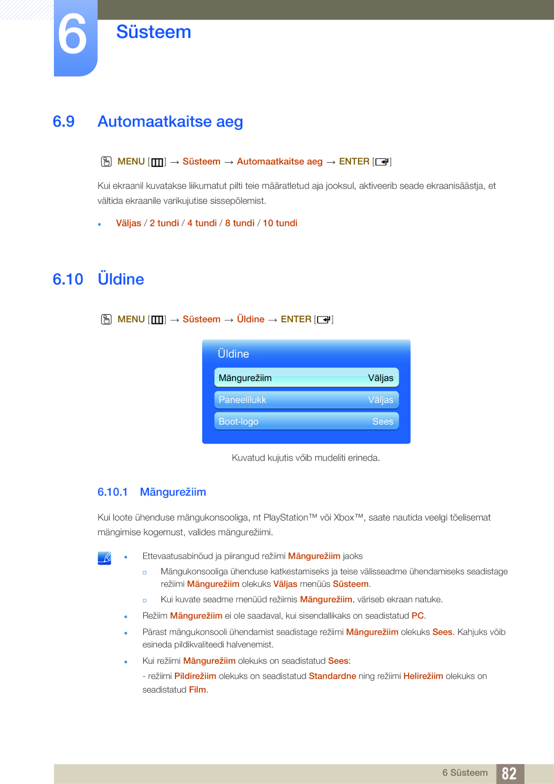 Samsung LH40HDBPLGD/EN manual Automaatkaitse aeg, 10 Üldine, 10.1 Mängurežiim 