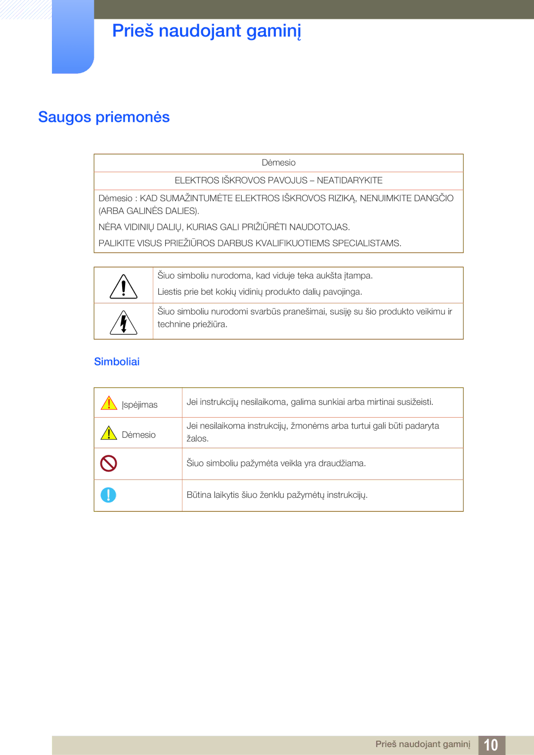 Samsung LH40HDBPLGD/EN manual Saugos priemonės, Simboliai 