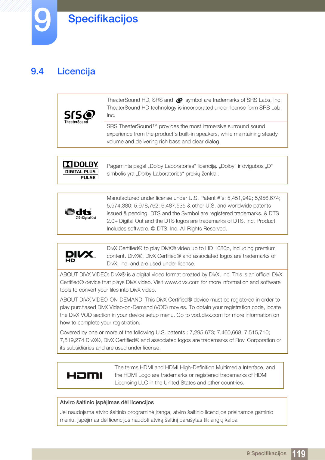 Samsung LH40HDBPLGD/EN manual Licencija 