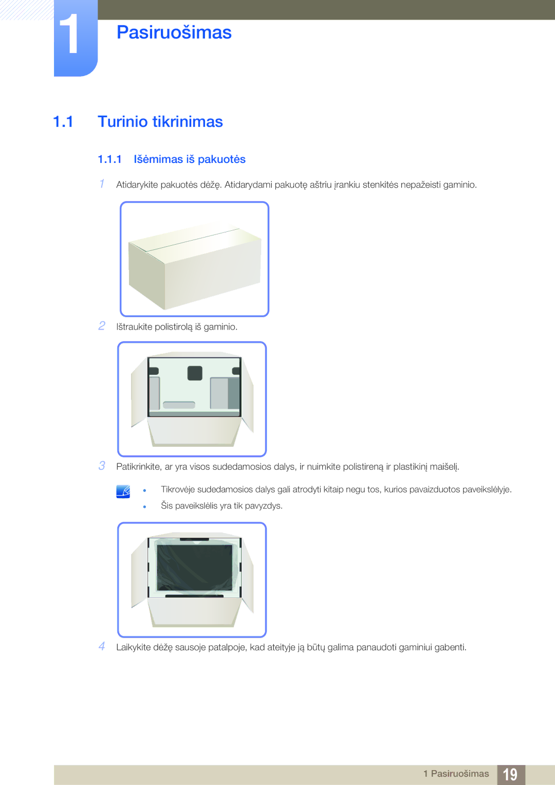 Samsung LH40HDBPLGD/EN manual Pasiruošimas, Turinio tikrinimas, 1 Išėmimas iš pakuotės 