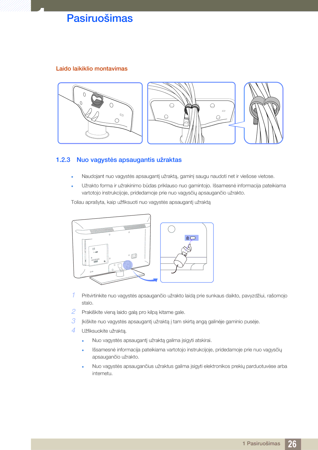 Samsung LH40HDBPLGD/EN manual Nuo vagystės apsaugantis užraktas, Laido laikiklio montavimas 